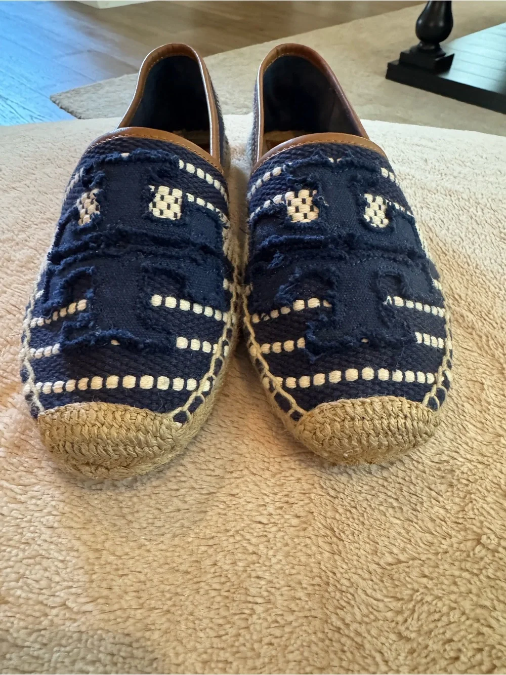 Tory Burch Navy Shaw Woven Canvas Espadrille Slip On Flats Size 8M